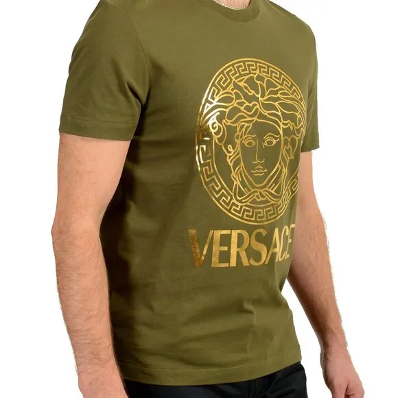 Versace Men's Olive Green Short Sleeve Gold Logo Print T-Shirt US